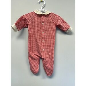Vintage Lullaby Land Baby Red White Check Footed Sleeper Peter Pan Collar Large